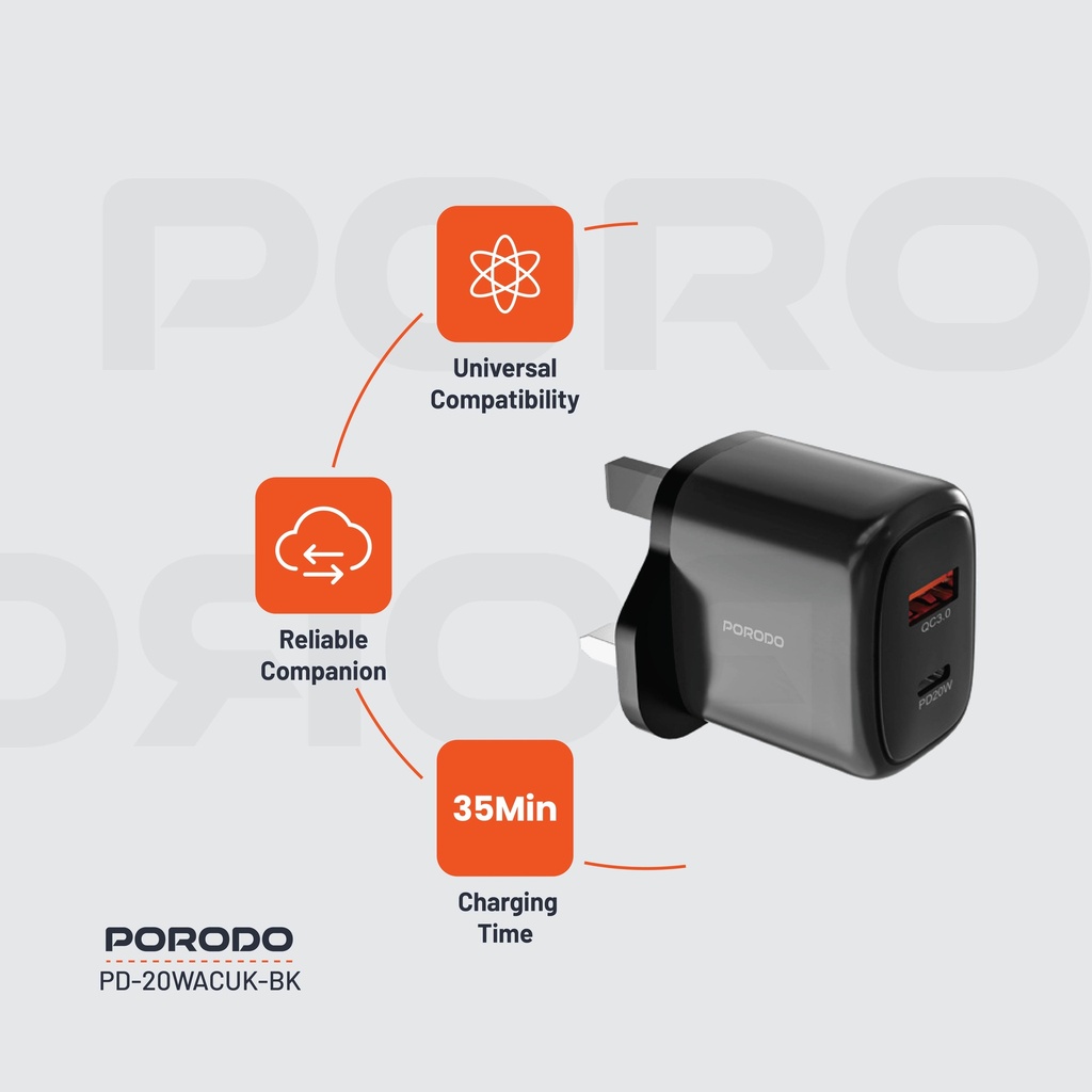 Porodo 20W+QC USB A+C Charger UK - Black
