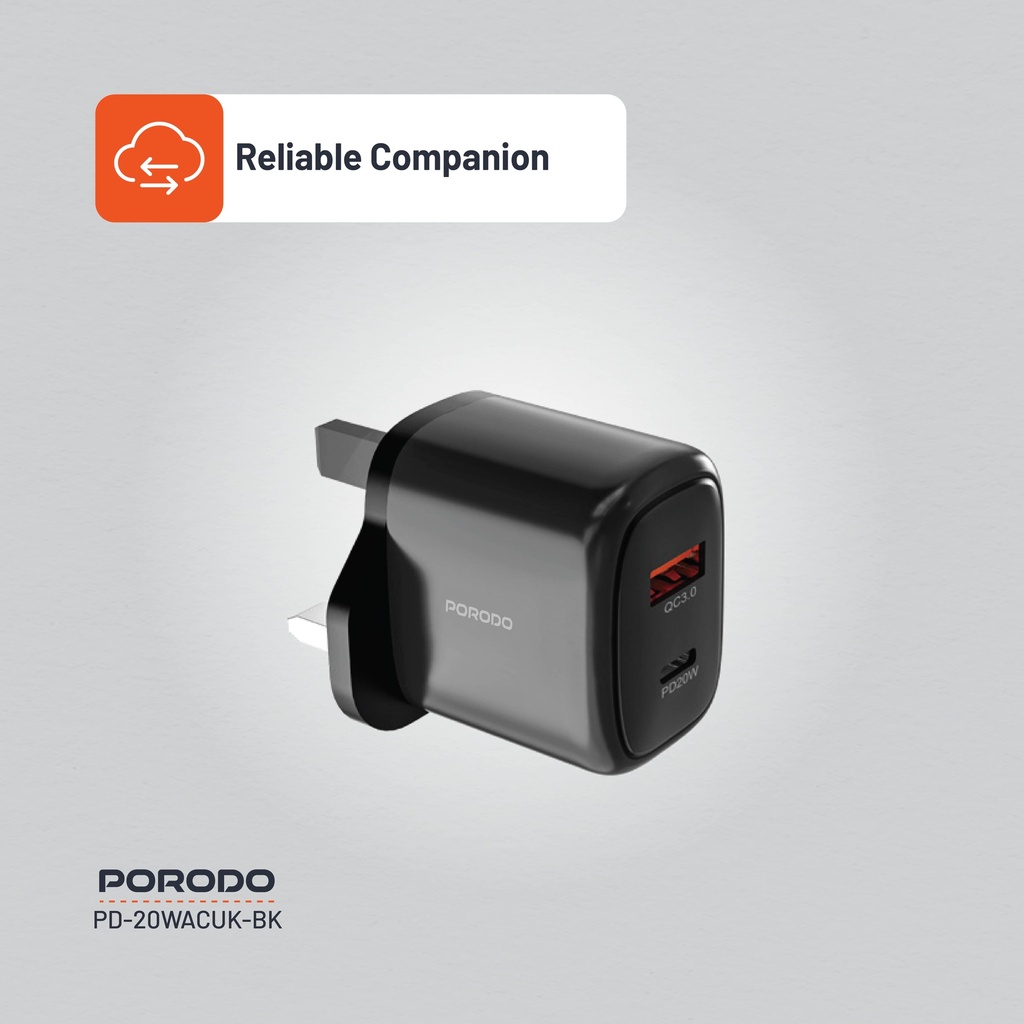 Porodo 20W+QC USB A+C Charger UK - Black
