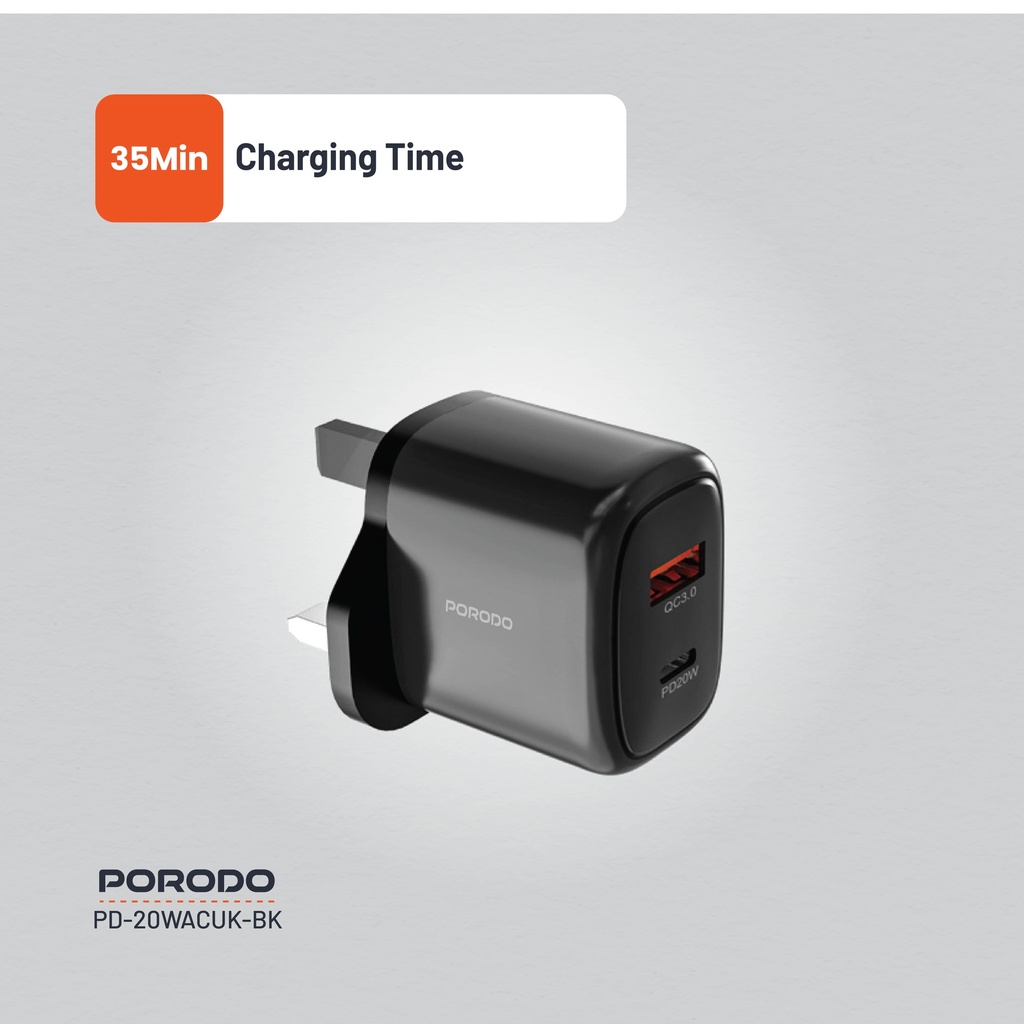 Porodo 20W+QC USB A+C Charger UK - Black