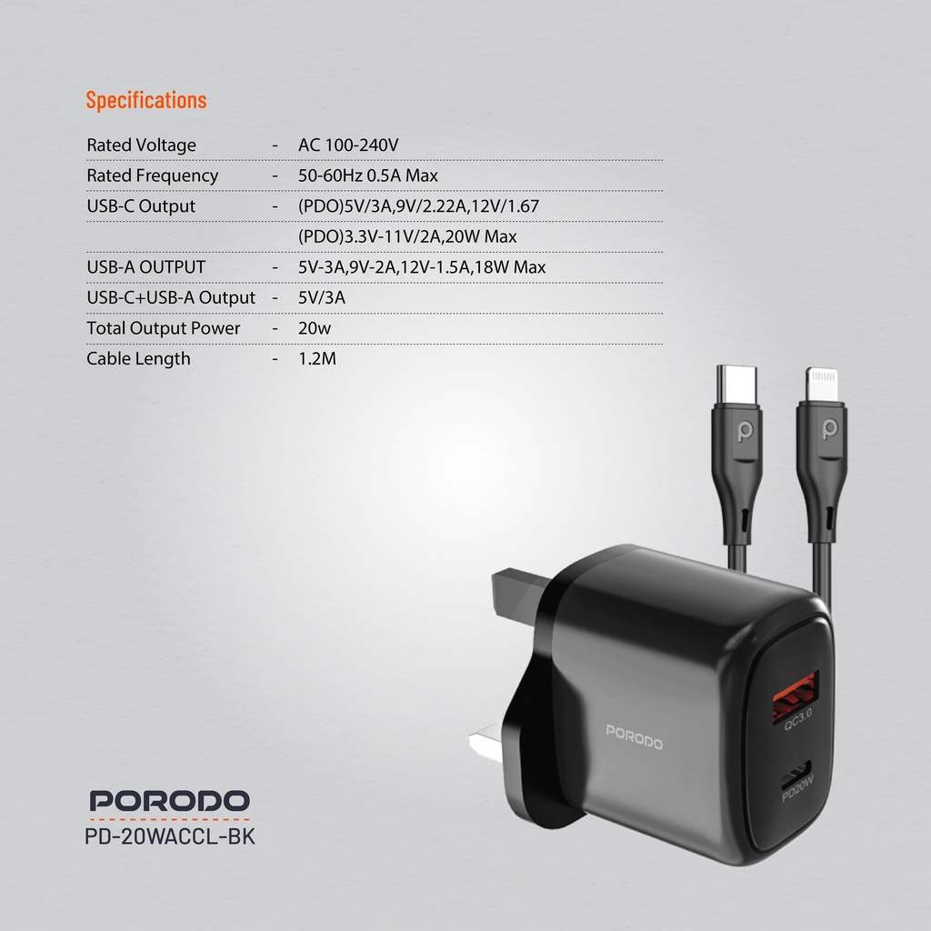 Porodo 20W+QC USB A+C Charger UK with C-Lightning 1.2M Cable - Black