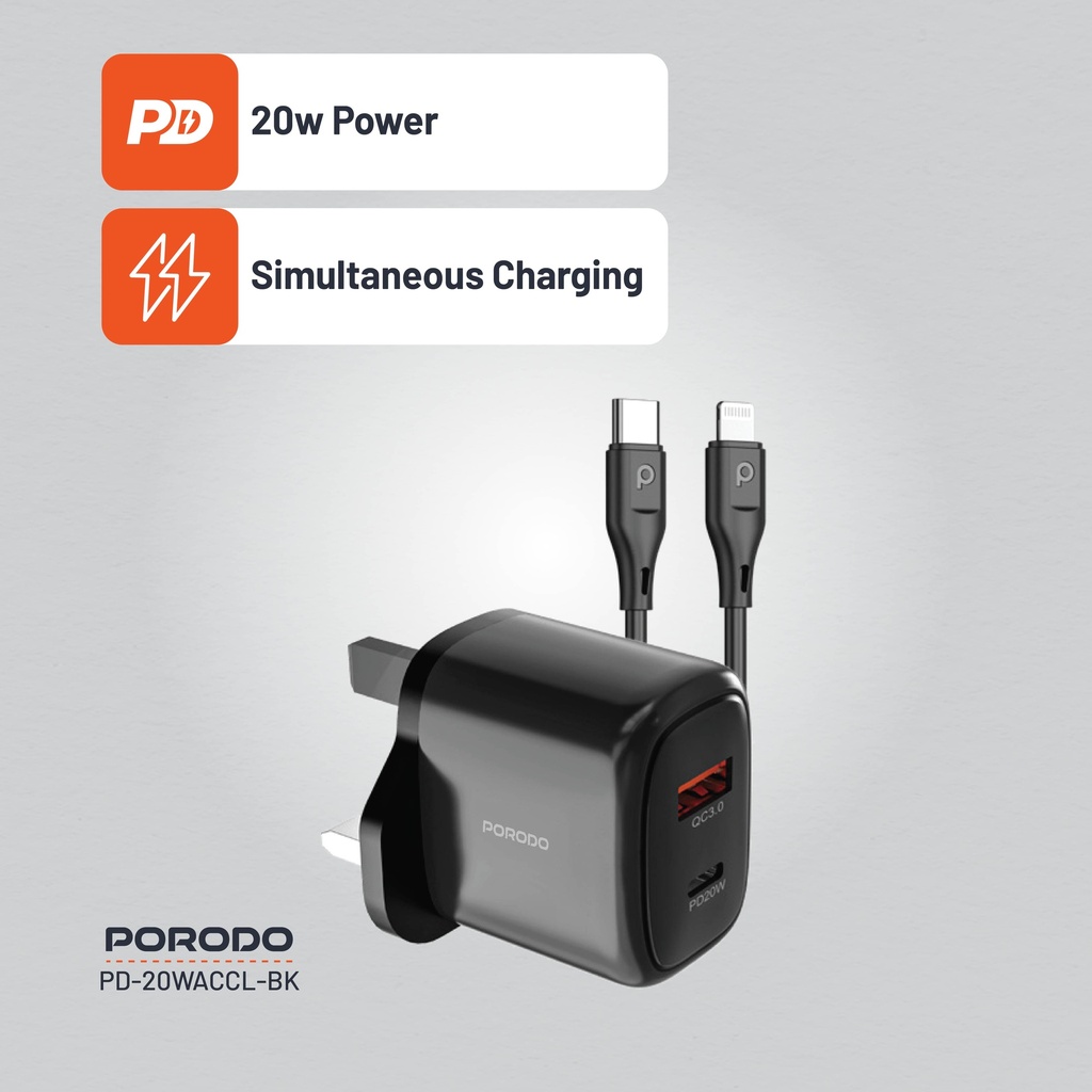 Porodo 20W+QC USB A+C Charger UK with C-Lightning 1.2M Cable - Black