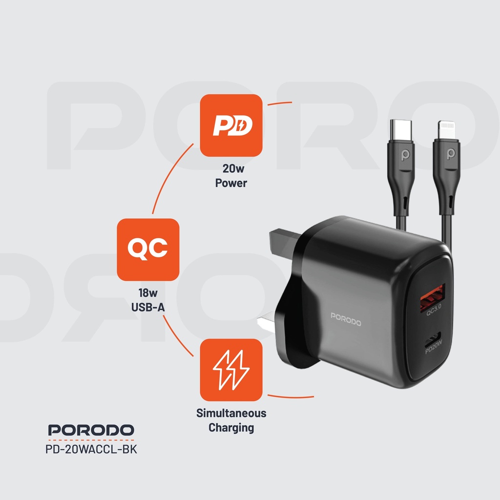 Porodo 20W+QC USB A+C Charger UK with C-Lightning 1.2M Cable - Black