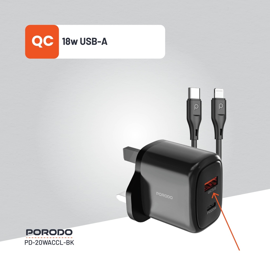 Porodo 20W+QC USB A+C Charger UK with C-Lightning 1.2M Cable - Black