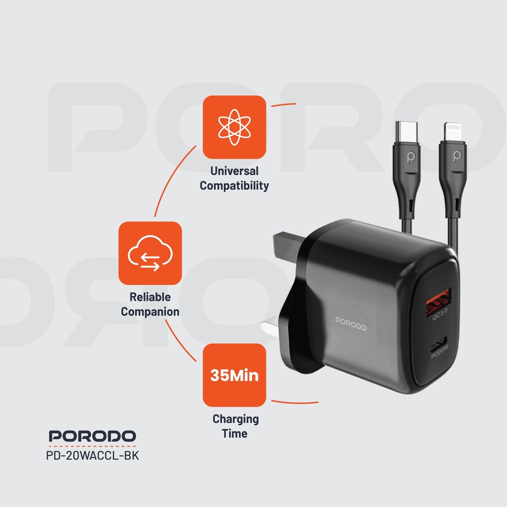 Porodo 20W+QC USB A+C Charger UK with C-Lightning 1.2M Cable - Black