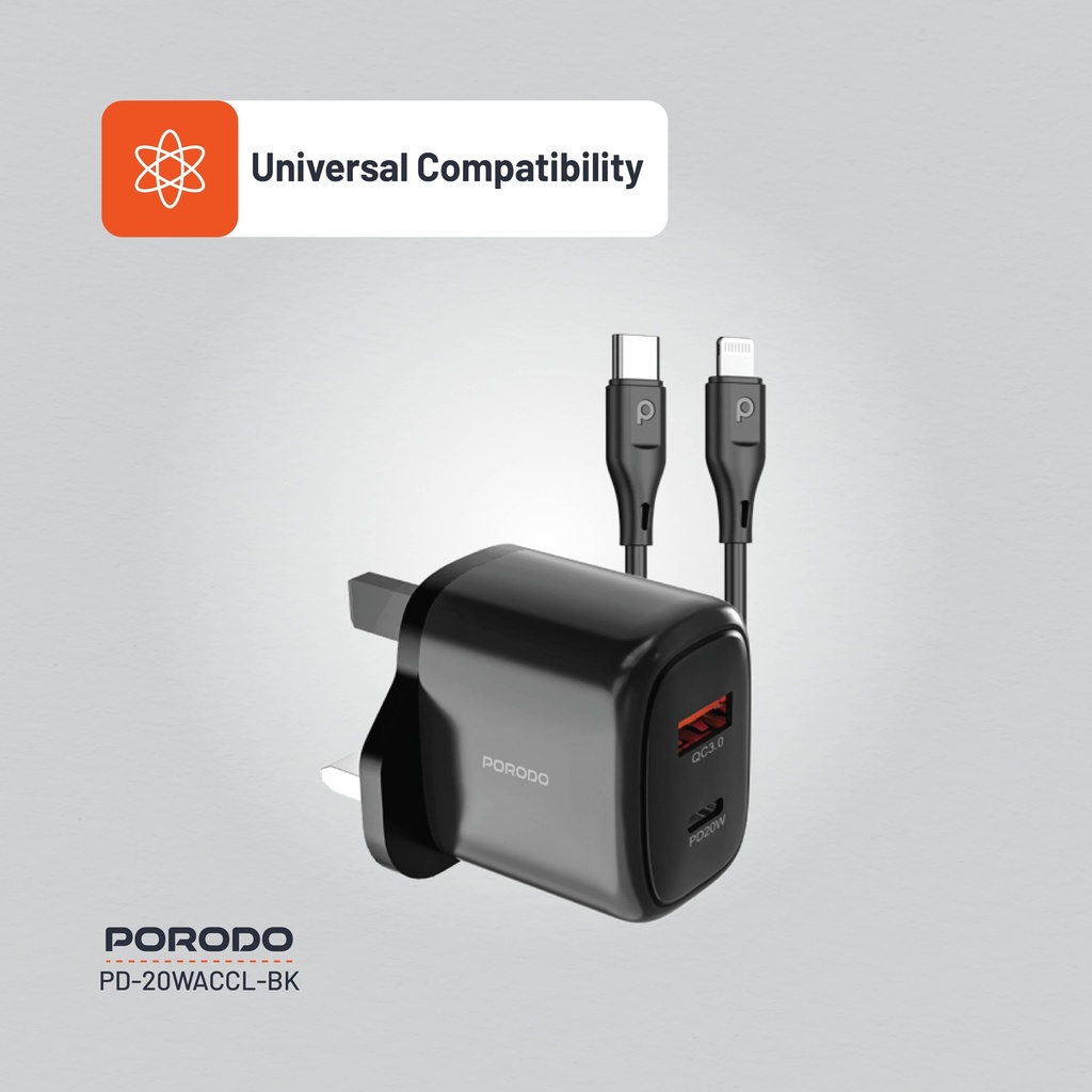 Porodo 20W+QC USB A+C Charger UK with C-Lightning 1.2M Cable - Black