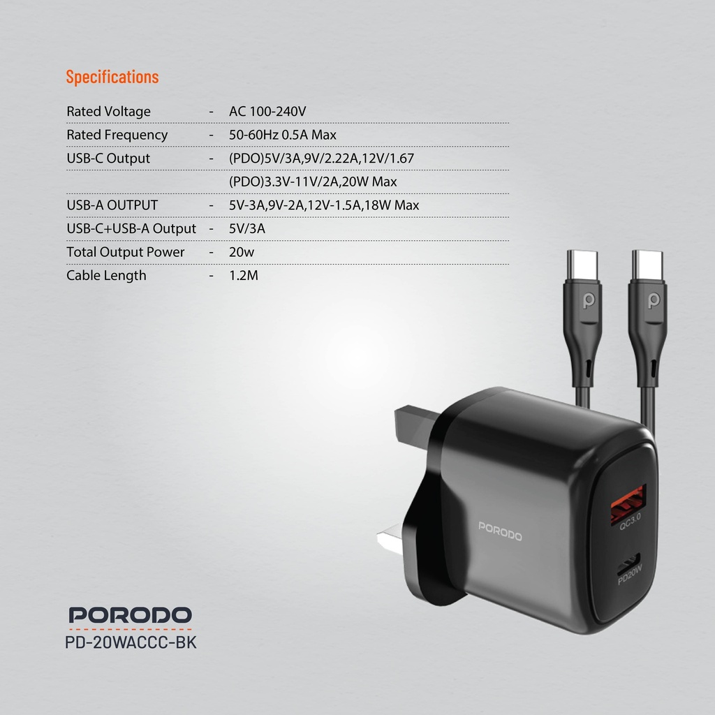 Porodo 20W+QC USB A+C Charger UK with C-C 1.2M Cable - Black