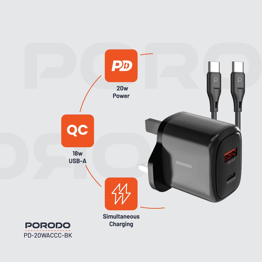 Porodo 20W+QC USB A+C Charger UK with C-C 1.2M Cable - Black