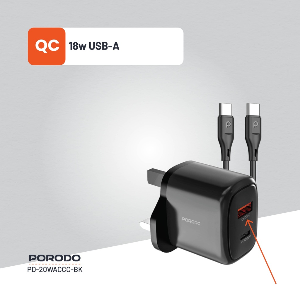 Porodo 20W+QC USB A+C Charger UK with C-C 1.2M Cable - Black