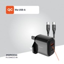 Porodo 20W+QC USB A+C Charger UK with C-C 1.2M Cable - Black
