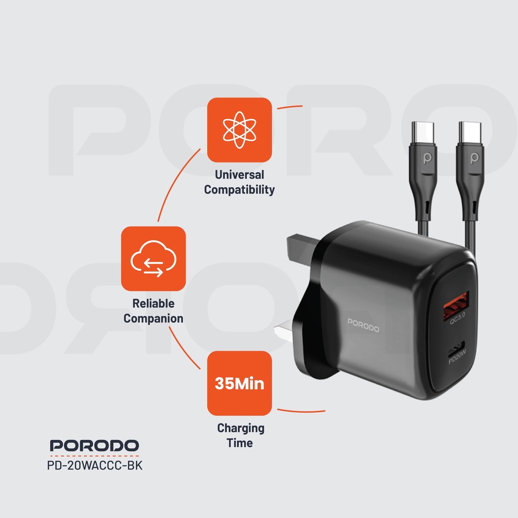Porodo 20W+QC USB A+C Charger UK with C-C 1.2M Cable - Black