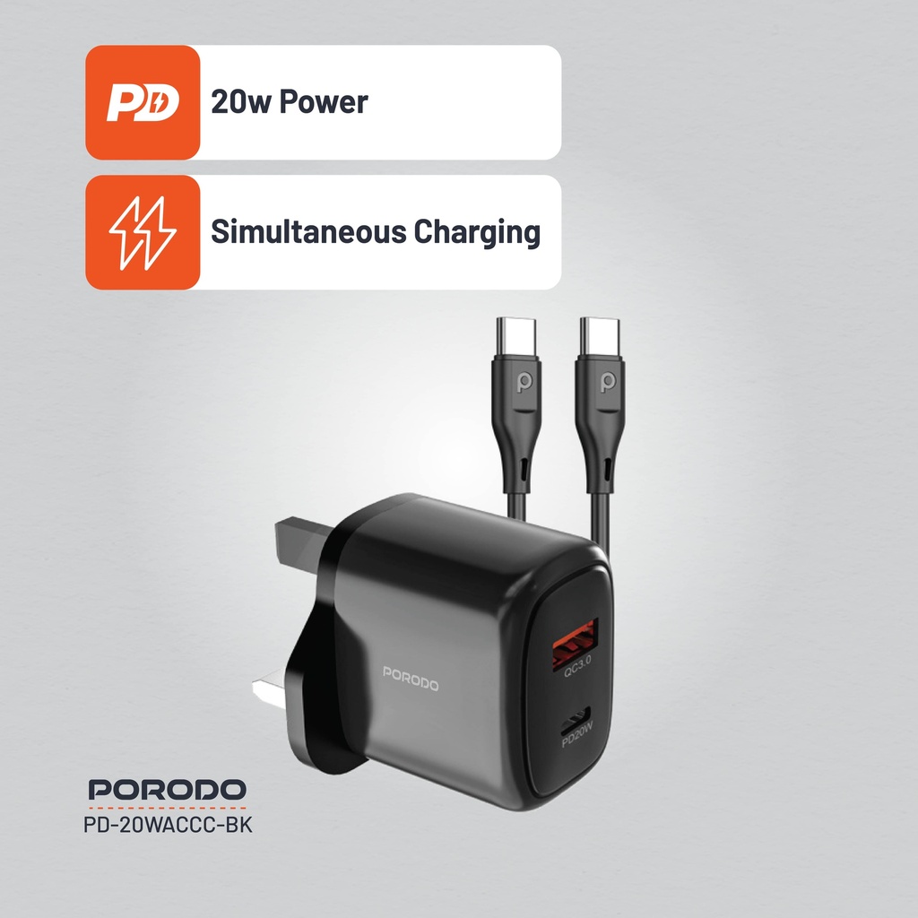 Porodo 20W+QC USB A+C Charger UK with C-C 1.2M Cable - Black