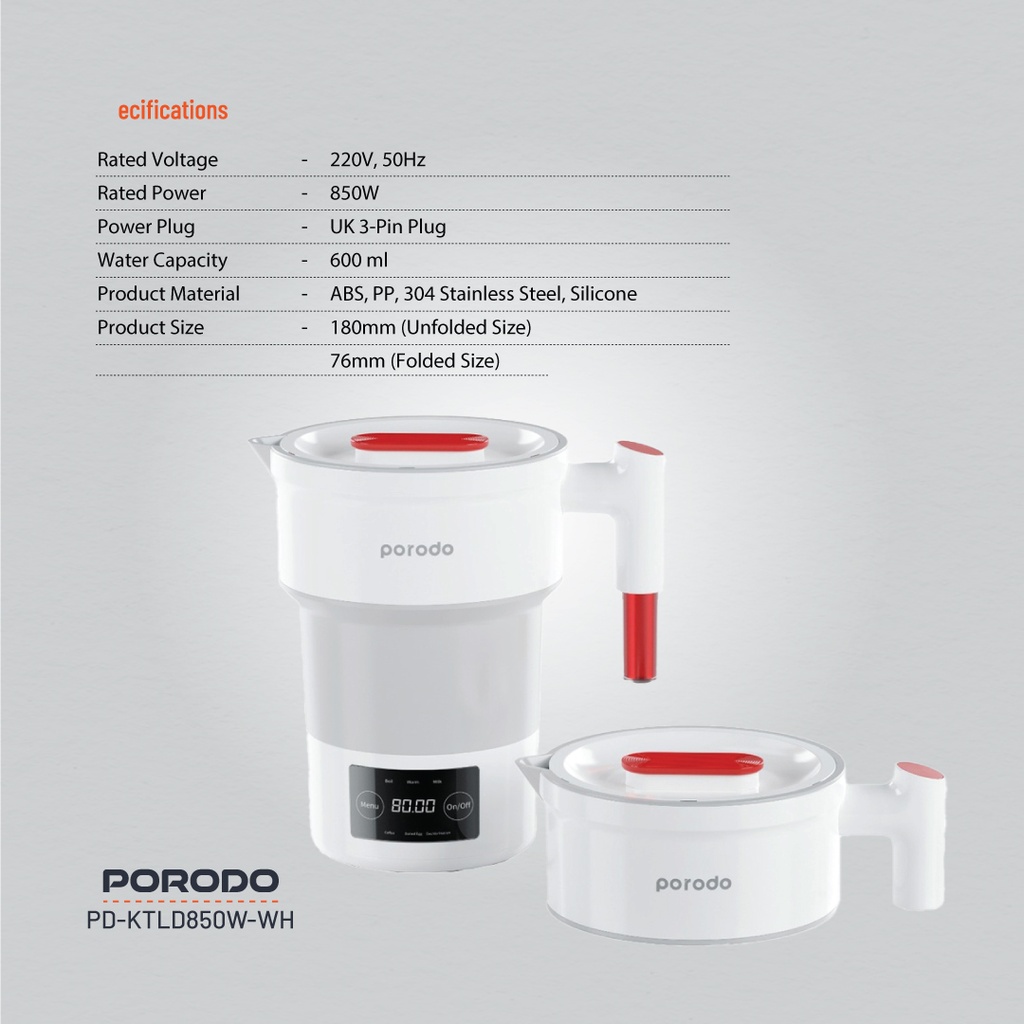 Porodo Lifestyle Portable Folding Electric Kettle - White