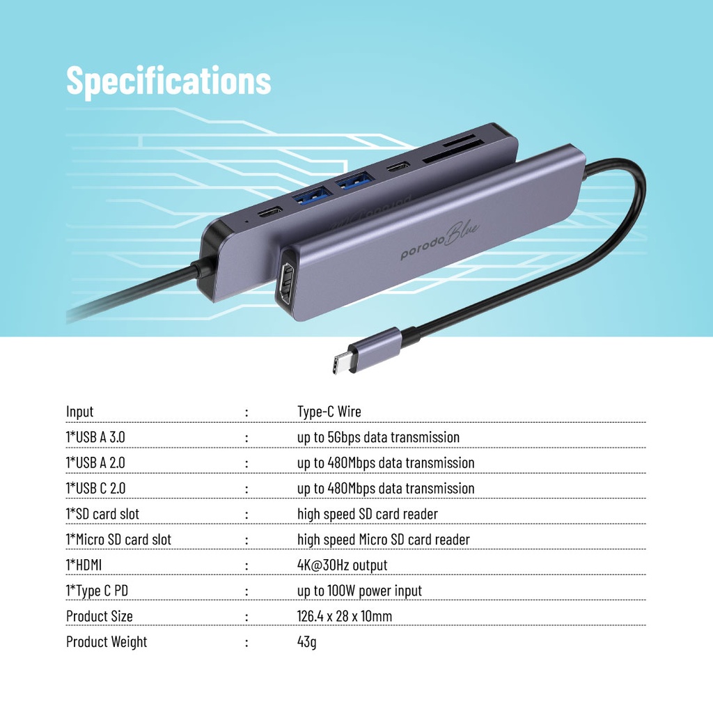 Porodo Blue 7 In 1 Hub HDMI 2XUSB-A 2XUSB-C SD MicroSD