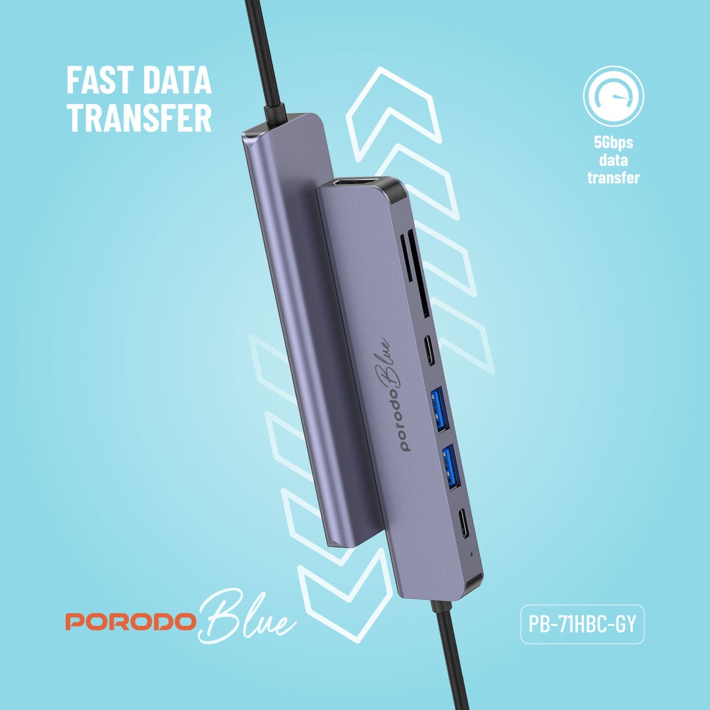 Porodo Blue 7 In 1 Hub HDMI 2XUSB-A 2XUSB-C SD MicroSD
