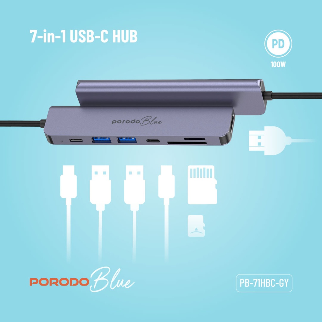 Porodo Blue 7 In 1 Hub HDMI 2XUSB-A 2XUSB-C SD MicroSD