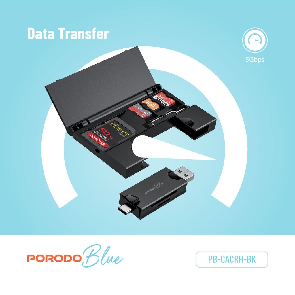 Porodo Blue 2-in-1 Card Reader with Card Holder