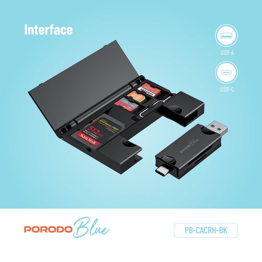 Porodo Blue 2-in-1 Card Reader with Card Holder