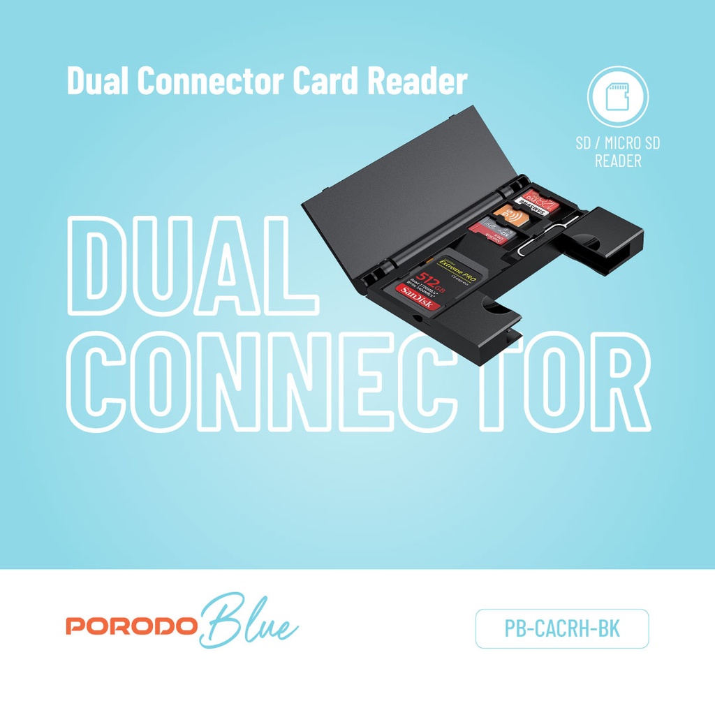 Porodo Blue 2-in-1 Card Reader with Card Holder