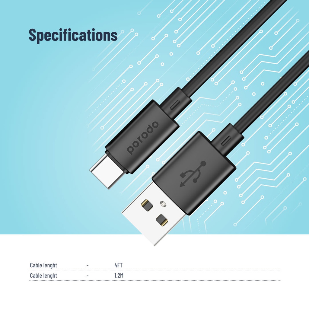 Porodo Blue 3A USB A to Type C PVC Cable 1.2M - Black