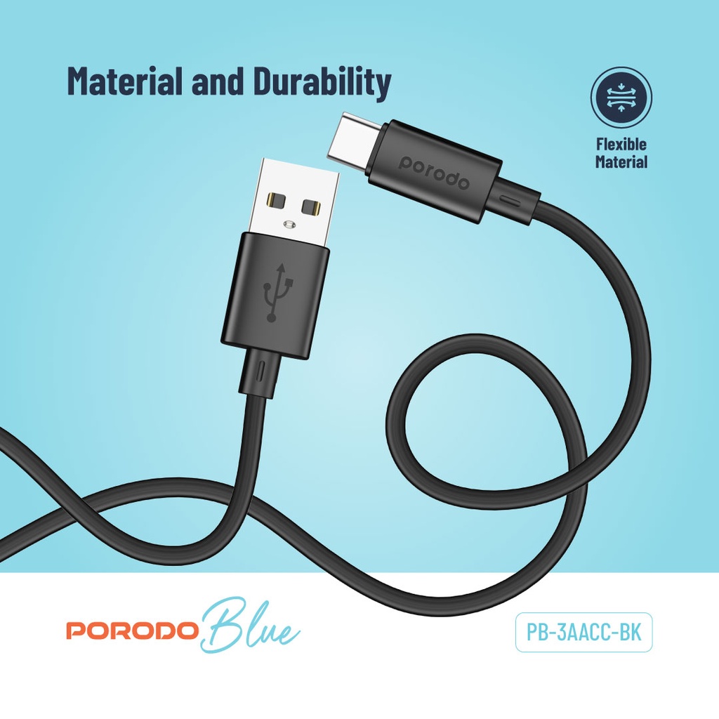 Porodo Blue 3A USB A to Type C PVC Cable 1.2M - Black
