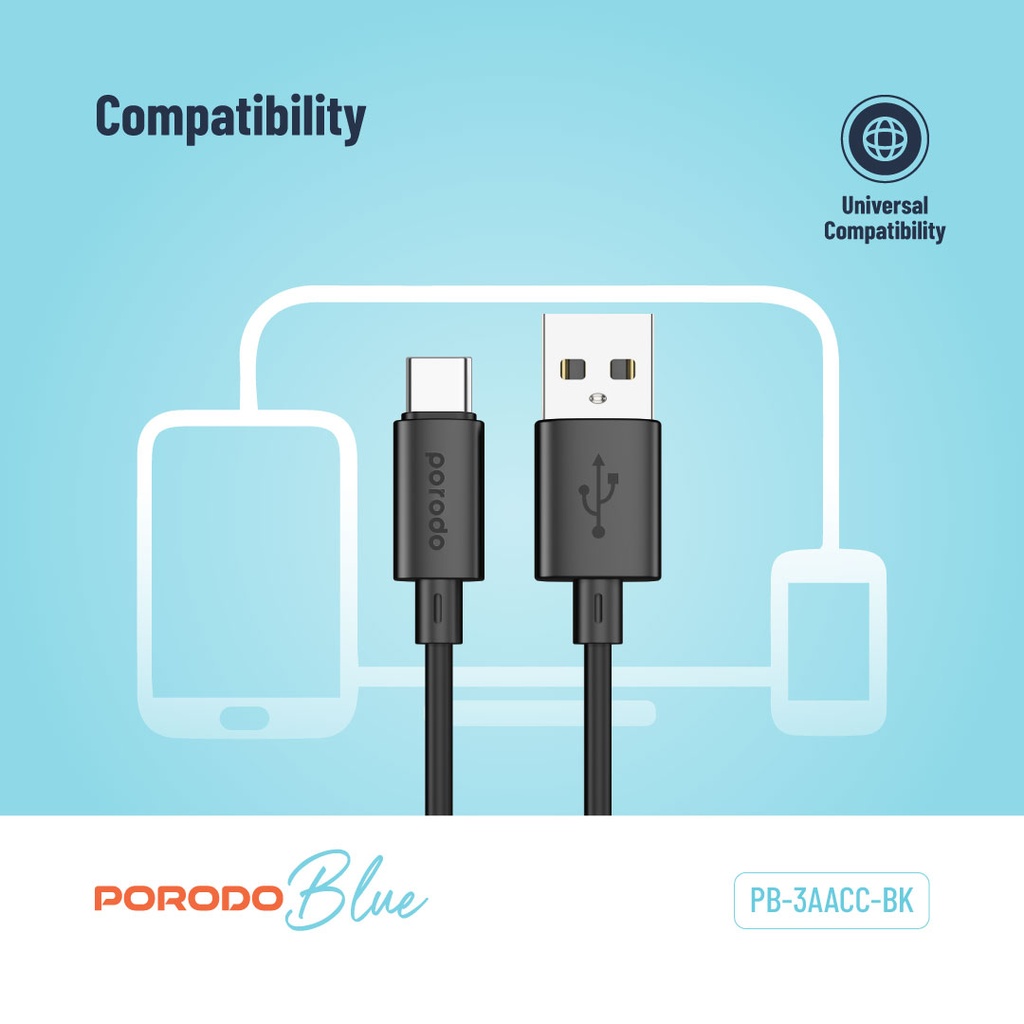 Porodo Blue 3A USB A to Type C PVC Cable 1.2M - Black