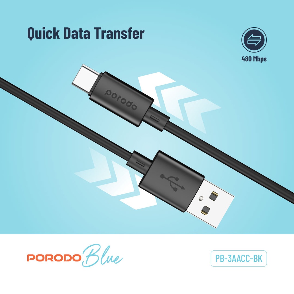 Porodo Blue 3A USB A to Type C PVC Cable 1.2M - Black