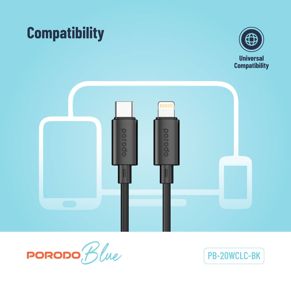 Porodo Blue 20W PD Type C to Lightning PVC Cable 1.2M - Black