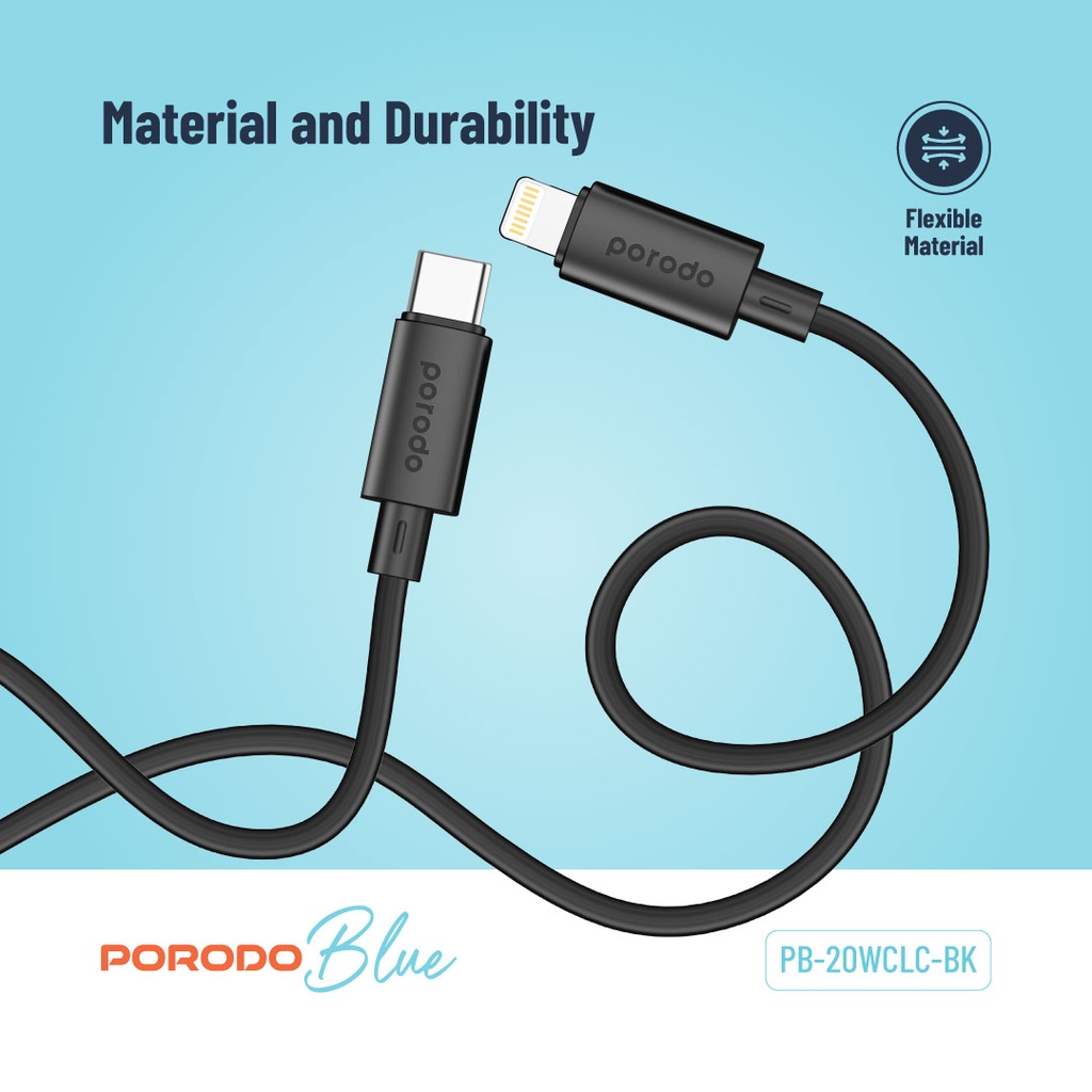 Porodo Blue 20W PD Type C to Lightning PVC Cable 1.2M - Black