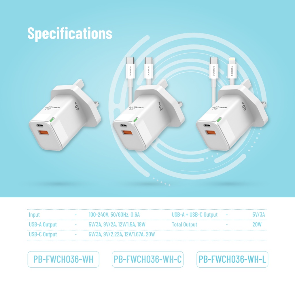 Porodo Multiport Wall Socket 3250W With  3 AC & 2 USB-A QC3.0 & USB-C PD 20W UK Version