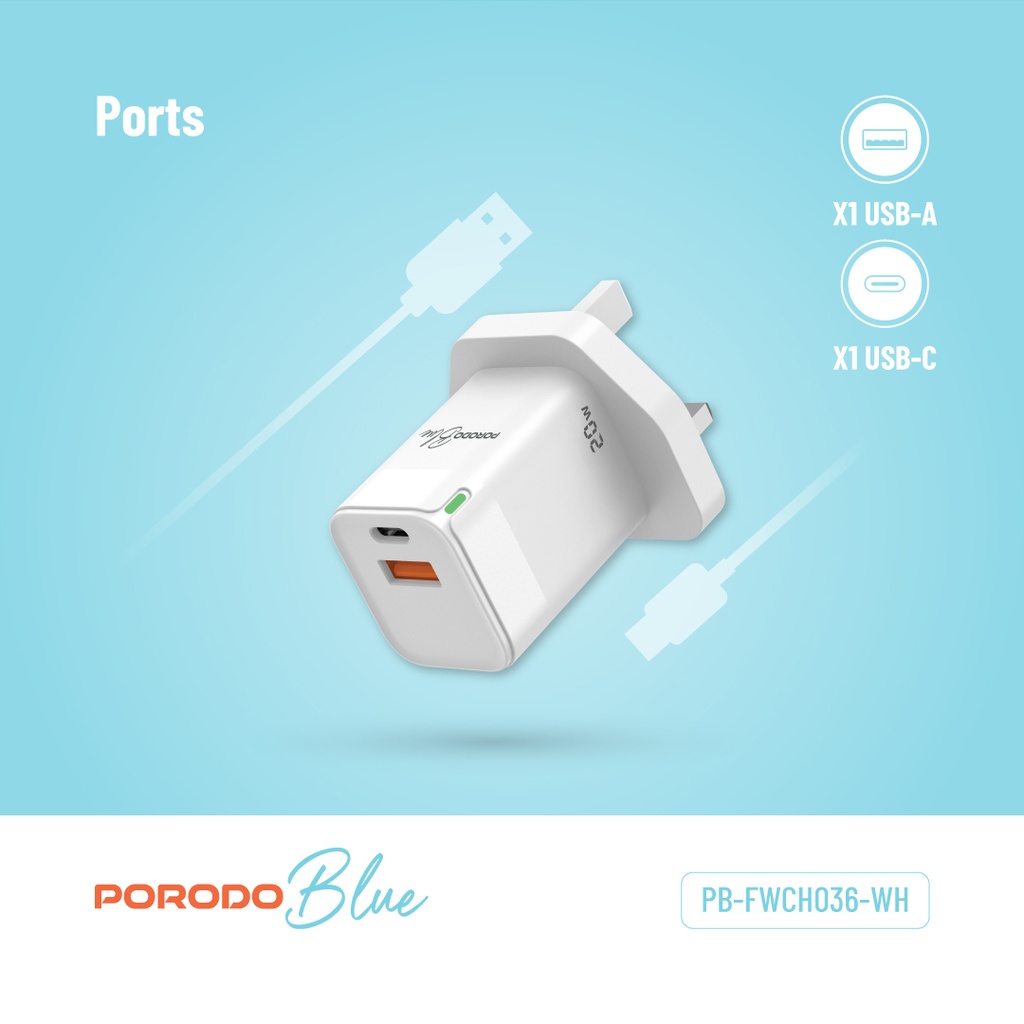 Porodo Multiport Wall Socket 3250W With  3 AC & 2 USB-A QC3.0 & USB-C PD 20W UK Version