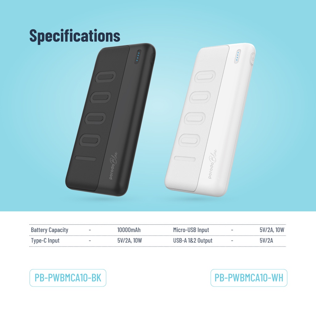 Porodo Blue 10000mAh Slim Power Bank Dual USB-A Output