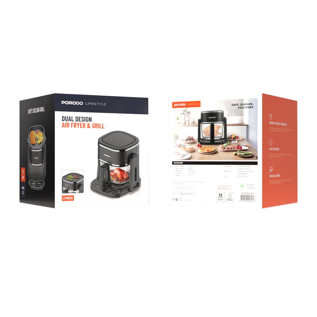Porodo Lifestyle Dual Design Air Fryer & Grill - Black