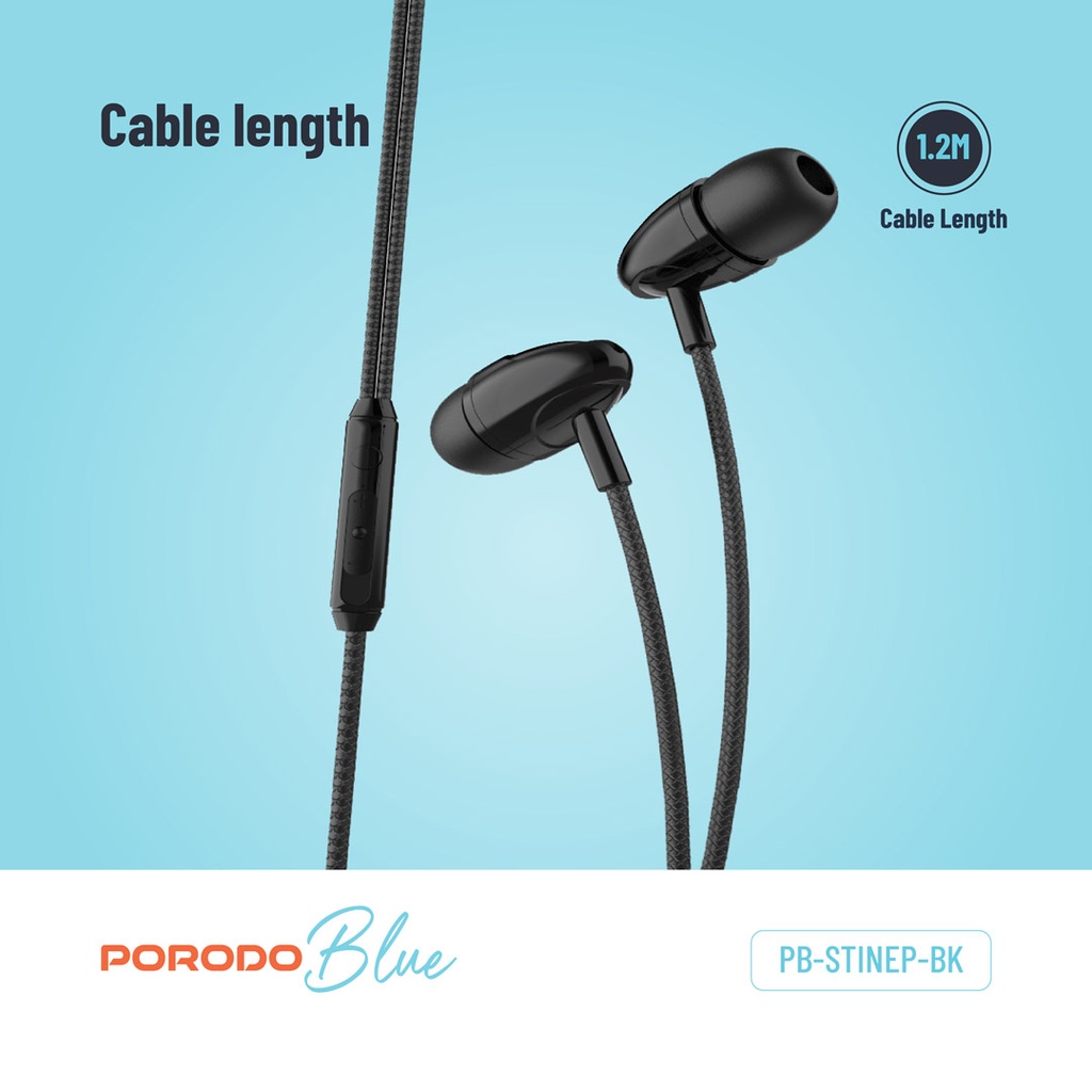 Porodo Blue Stereo Earphones with Aux Connector 3.5mm - Black