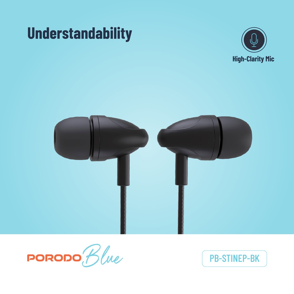 Porodo Blue Stereo Earphones with Aux Connector 3.5mm - Black