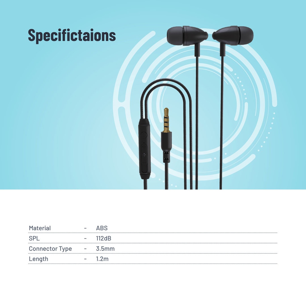 Porodo Blue Stereo Earphones with Aux Connector 3.5mm - Black