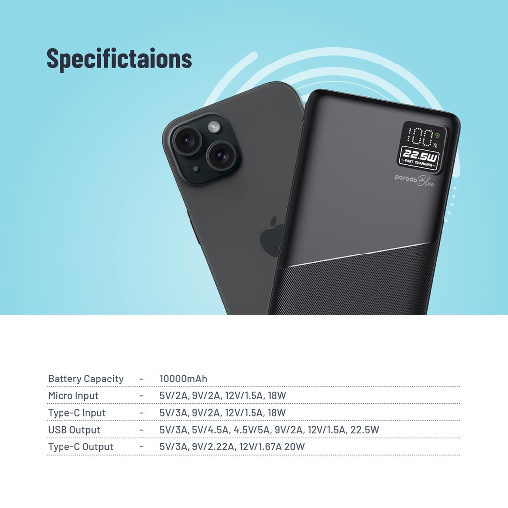 Porodo Blue 10000mAh Quick Charge Power Bank USB-A and USB-C Output