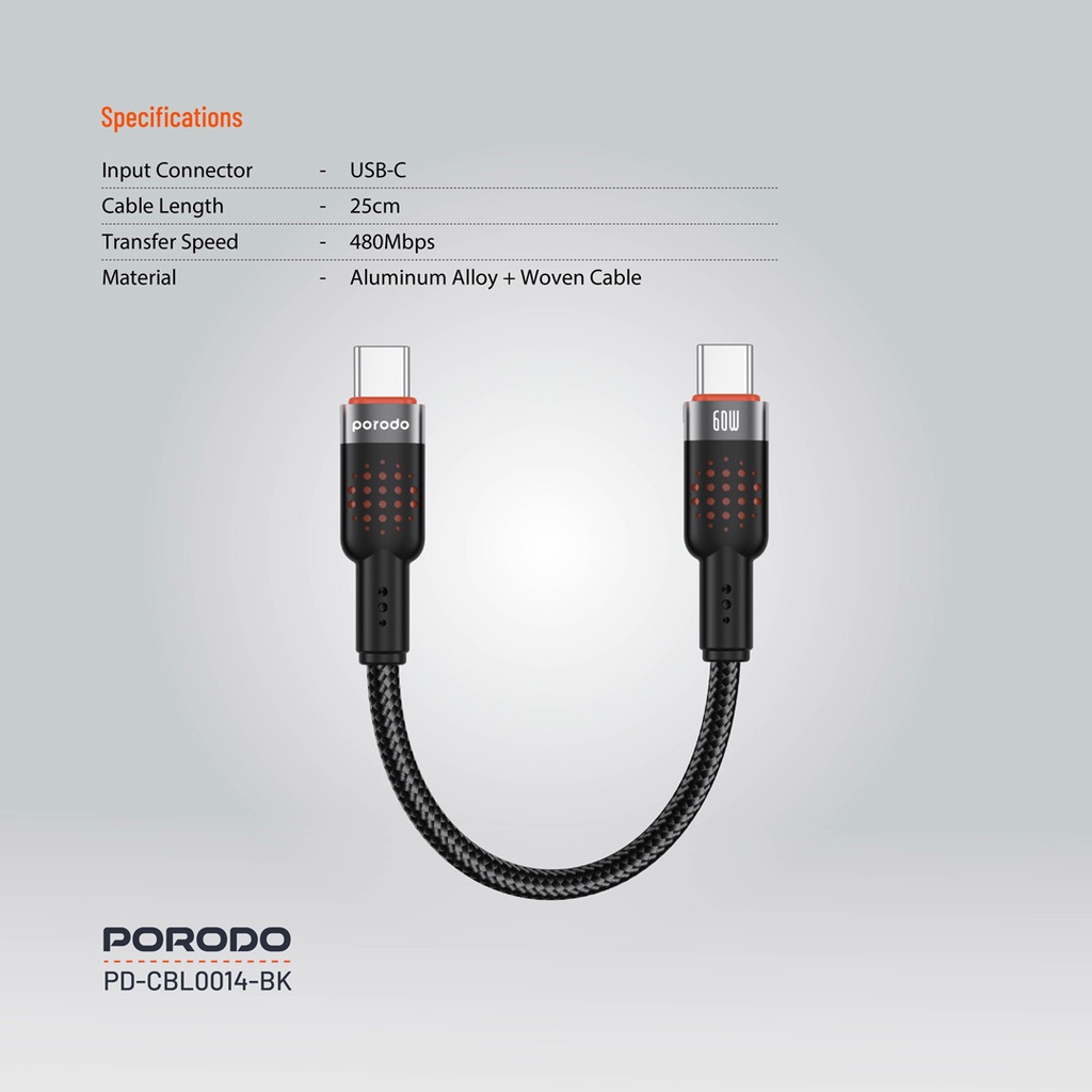Porodo Braided Cable USB-C to USB-C - Black