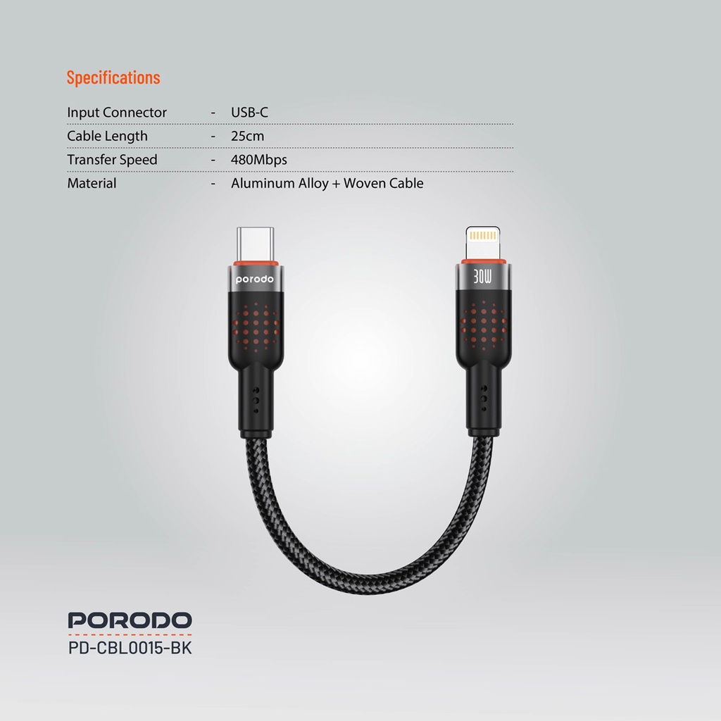 Porodo Braided Cable USB-C to Lightning - Black