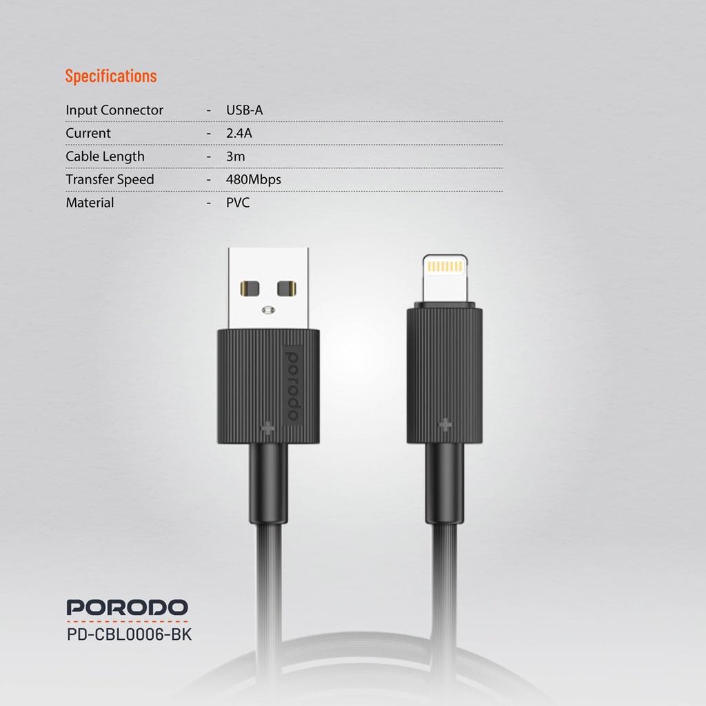 Porodo USB-A to Lightning Durable Charging Cable 