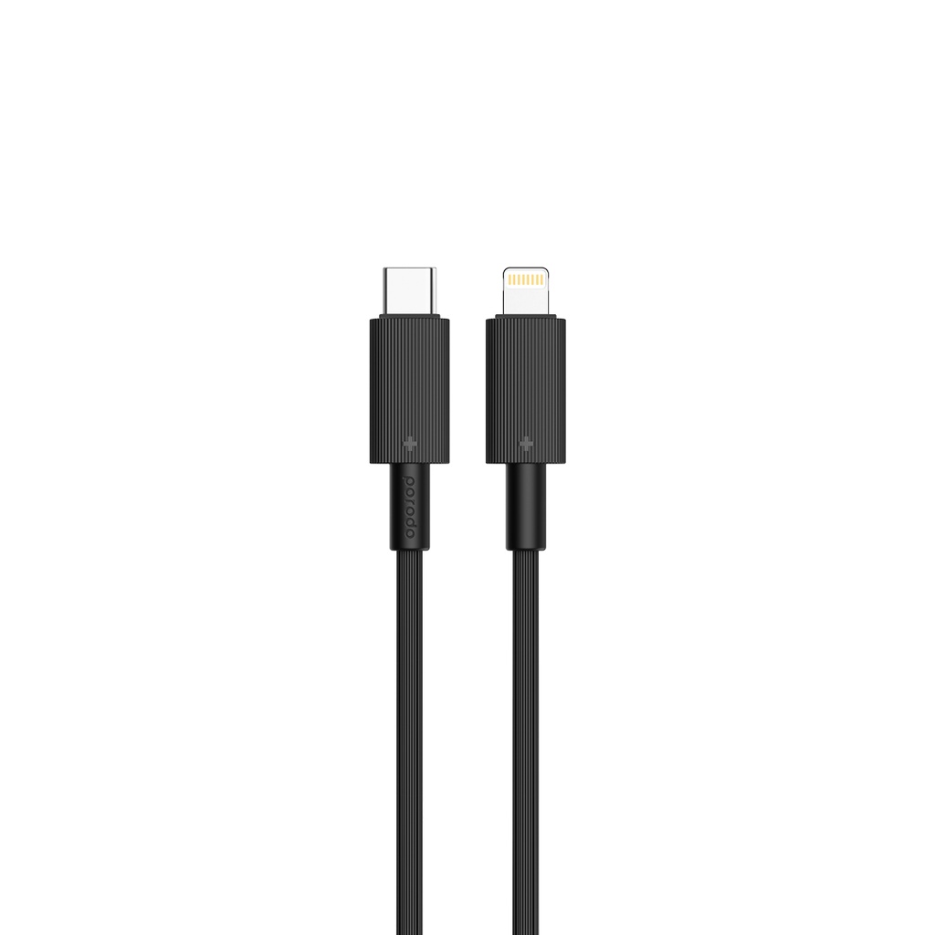 Porodo Dual Port Wall Charger UK with USB-C to Lightning cable - Black