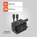 Porodo Dual Port Wall Charger UK with USB-C to Lightning cable - Black