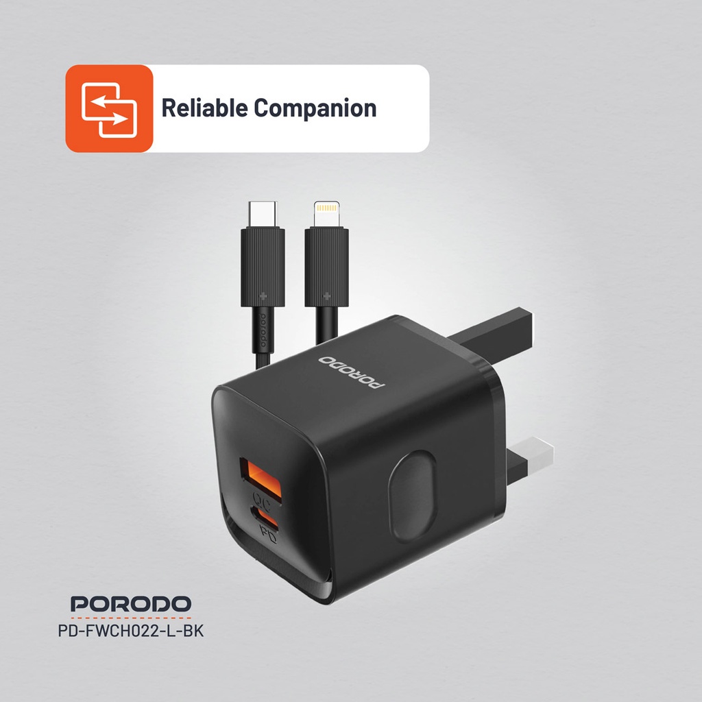 Porodo Dual Port Wall Charger UK with USB-C to Lightning cable - Black