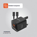 Porodo Dual Port Wall Charger UK with USB-C to Lightning cable - Black