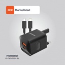 Porodo Dual Port Wall Charger UK with USB-C to Lightning cable - Black