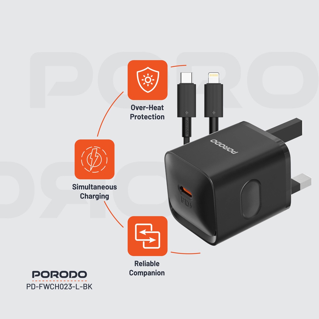 Porodo USB-C Power Delivery Wall Charger with Lightning Cable - Black