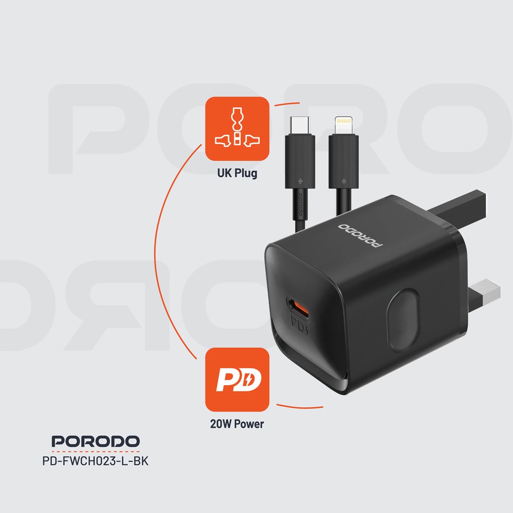 Porodo USB-C Power Delivery Wall Charger with Lightning Cable - Black