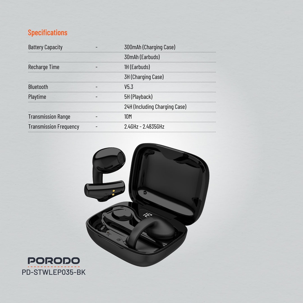 Porodo Soundtec Snap Clip-On Wireless Earbuds - Black