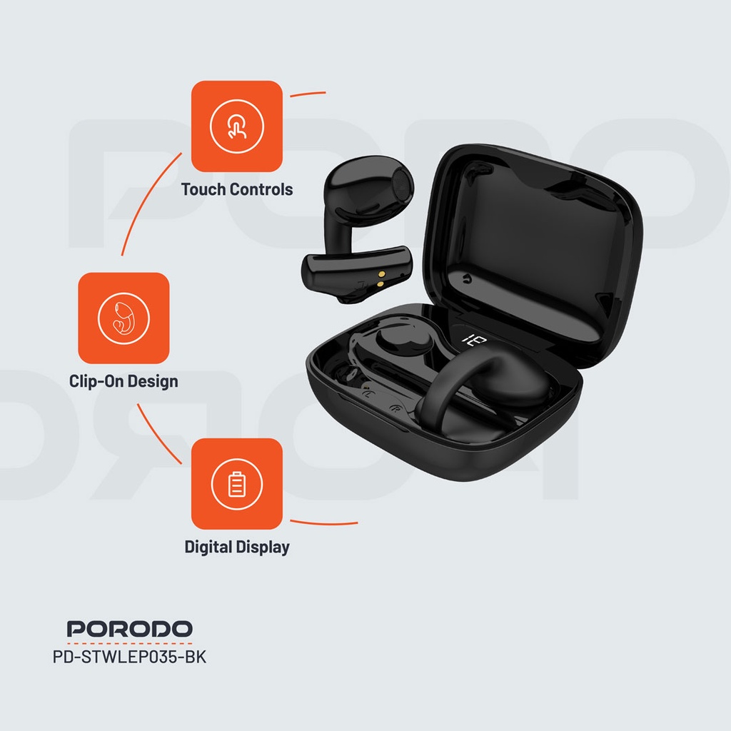 Porodo Soundtec Snap Clip-On Wireless Earbuds - Black