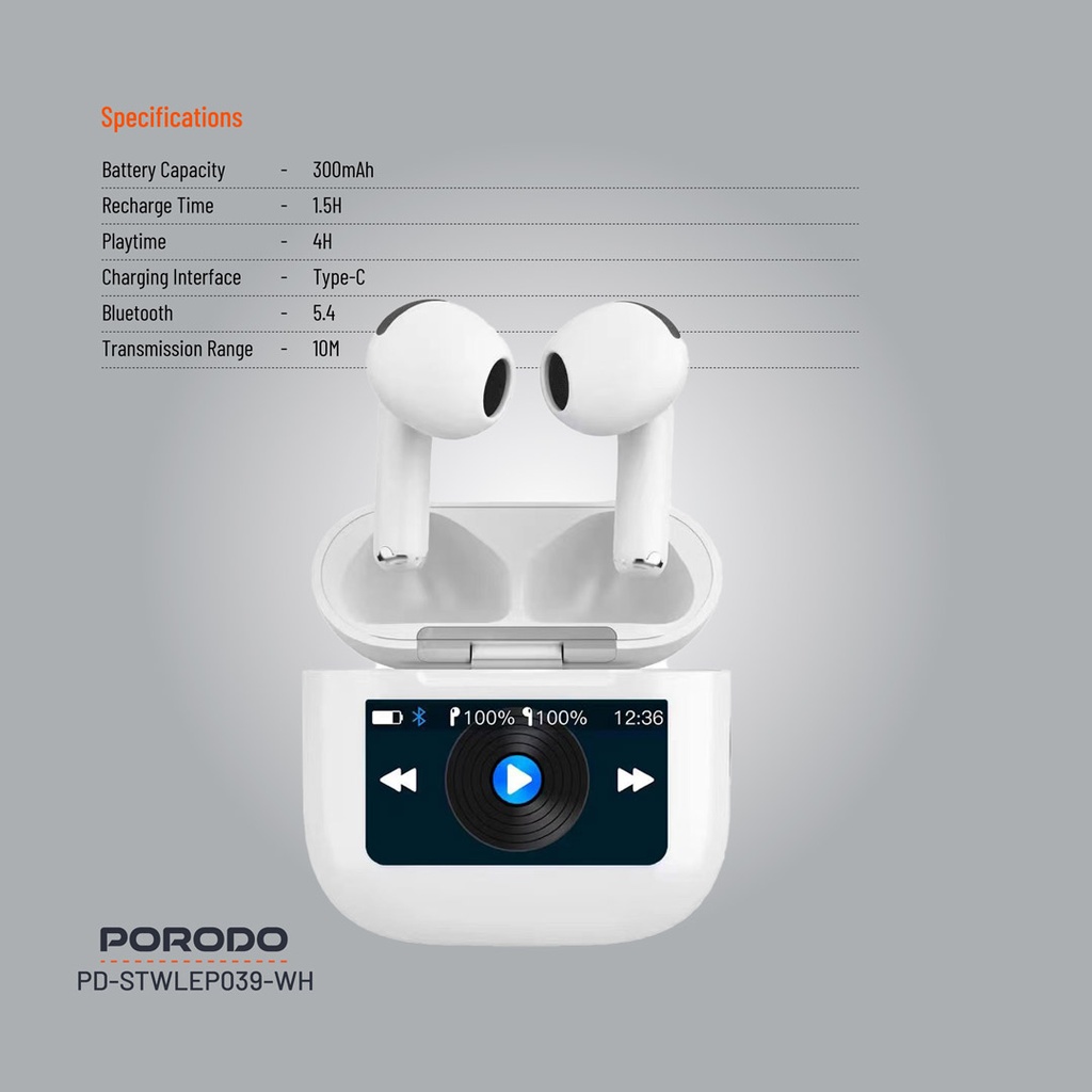 Porodo Soundtec Glimpse Touch Display TWS - White