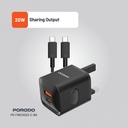 Porodo Dual port Wall Charger UK with Type-C Cable - Black
